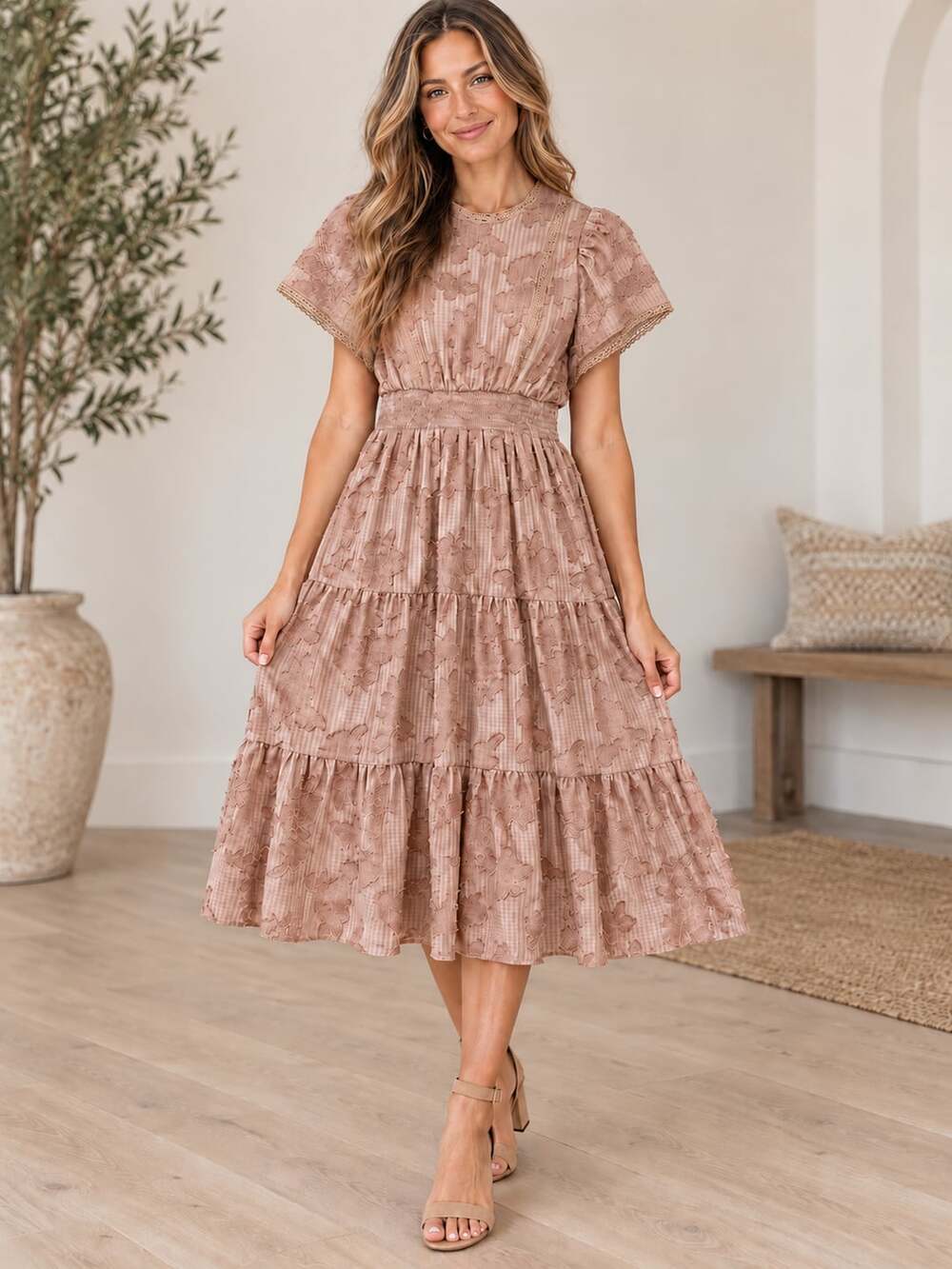 Polagram Floral Embroidered Gingham Tiered Midi Dress Blush Pink Large